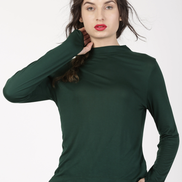 Women Green Solid High Neck Long
