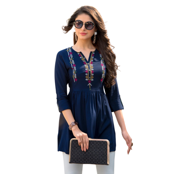 Navy Blue Cotton Embroidered Tunic Kurti