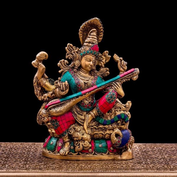 Brass Saraswathi Statue With Stonework