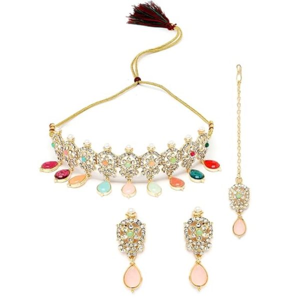 Gold Plated Multi Beads Studded Choker Necklace