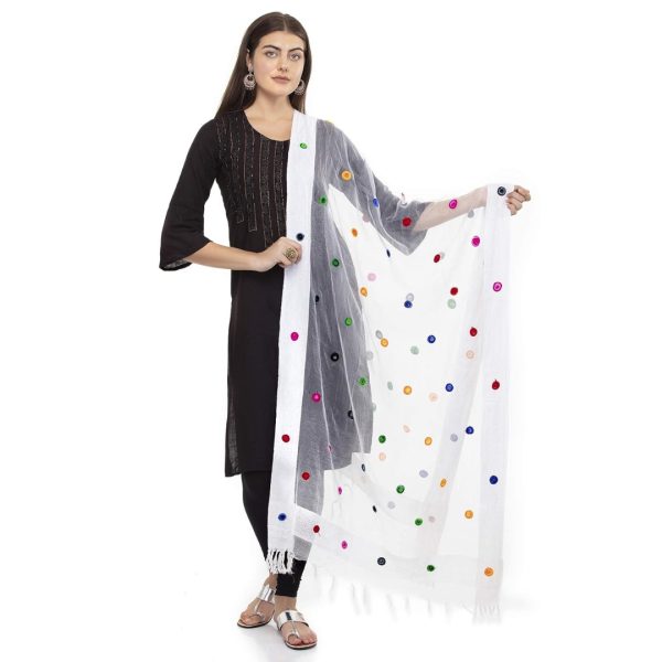 Women's Multi Embroidery Orgenza White Dupatta