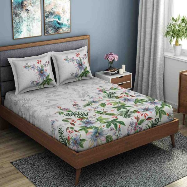Floral Print White Cotton Bedsheet