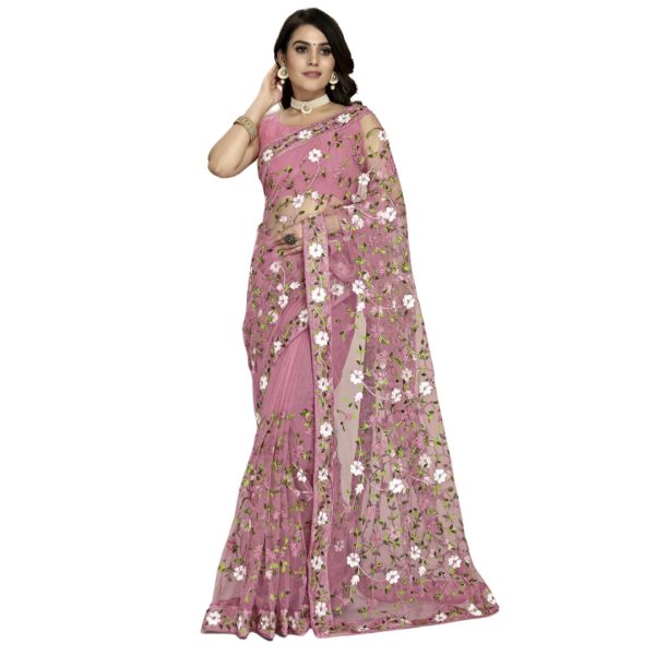 Pink Soft Net Floral Embroidered Saree