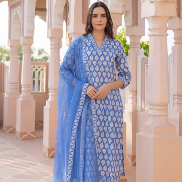 Blue Printed Cotton Suit