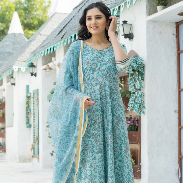 Blue Readymade Floral Salwar Suit With Dupatta