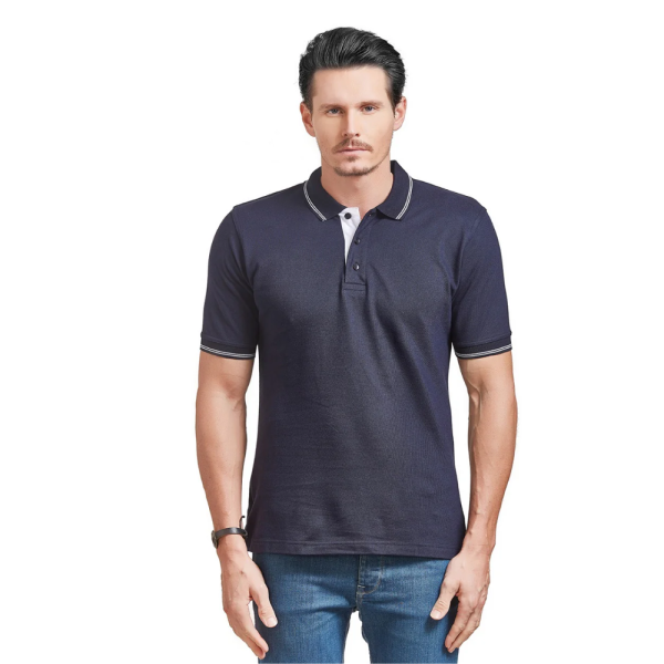 Cotton Men Navy Blue Collar T-Shirts With Tipping