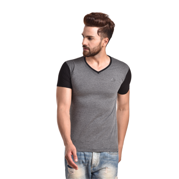 Color block Men V-neck Grey, Black T-Shirt