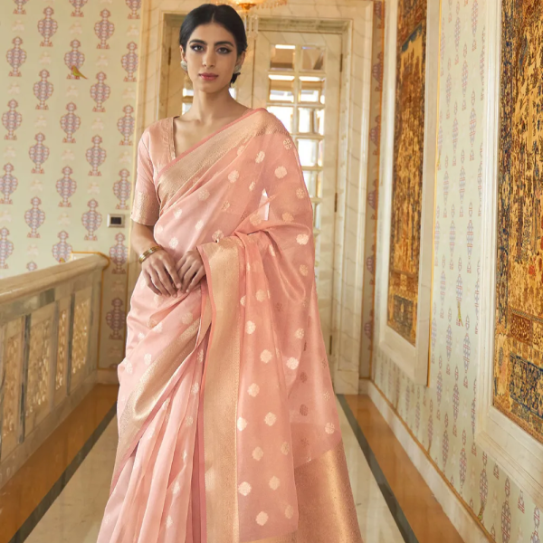 Woven Chanderi Silk Saree in Peach
