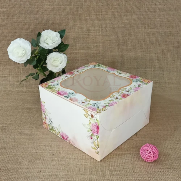 Window Cake Box Floral Print, 8x8x5, Orange Color (per pc)