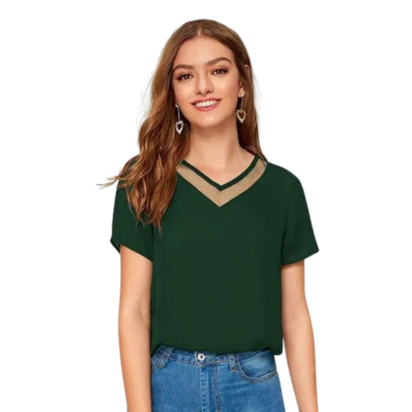Half Sleeve V-neck Ladies Fancy Knitted T-Shirt