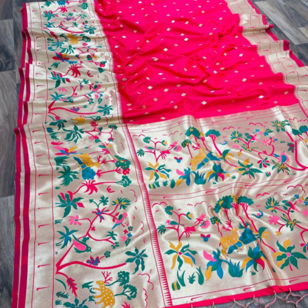 Pink color paithani silk saree with golden zari weaving work