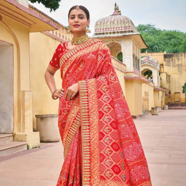 Red embroidered silk saree with blouse