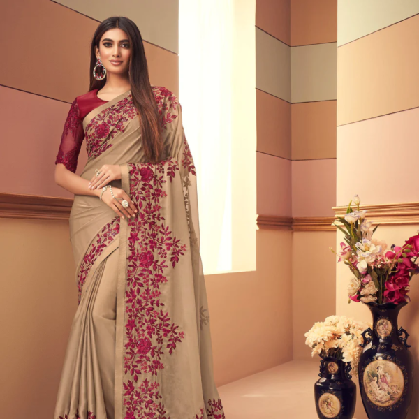 Taupe & Maroon Designer Embroidered Silk Wedding Saree