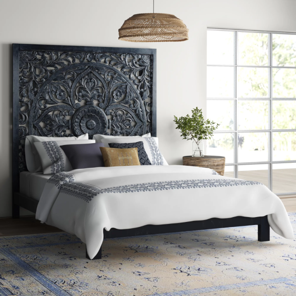 Carved Black Wooden Double Bed