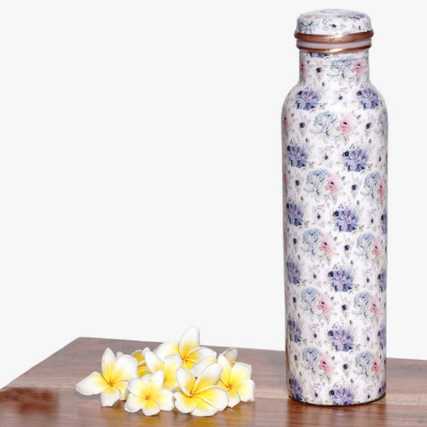 White Floral Print Copper Bottle