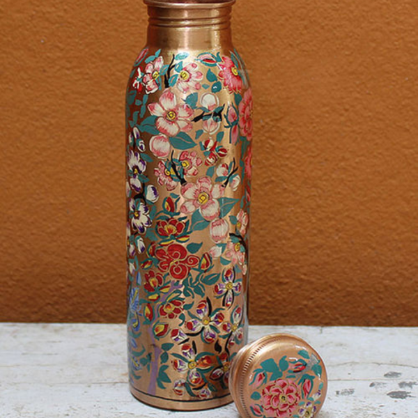 Floral Hand Painted Copper Bottle
