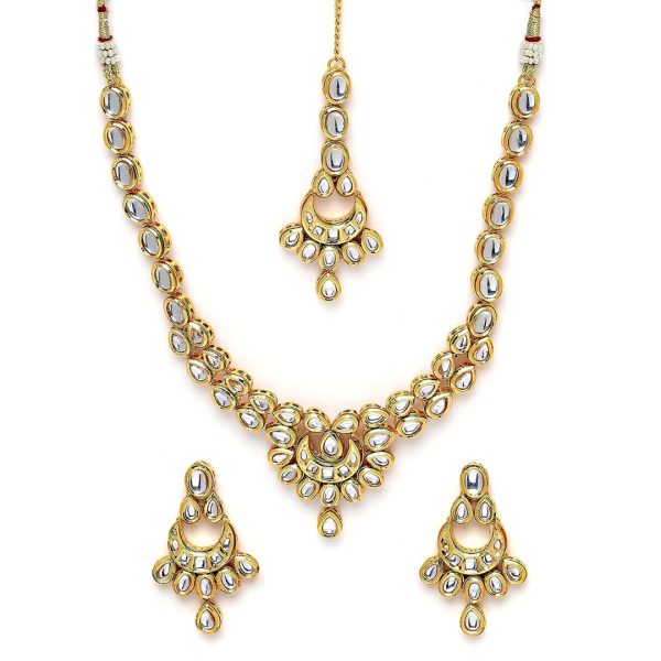 Gold Plated Moon Shape Polki Kundan Necklace Set for Women