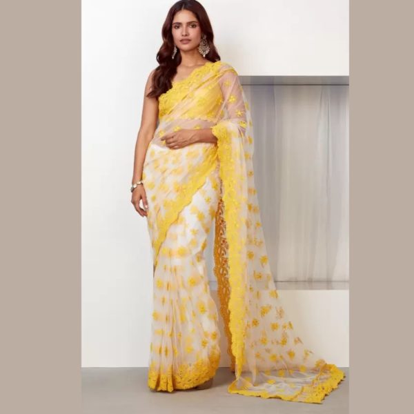 Chikankari Net Saree White And Yellow