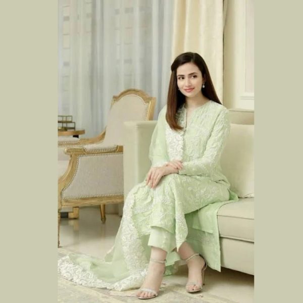 Lucknowi Chikankari Cotton Embroidered Pista Color Suit