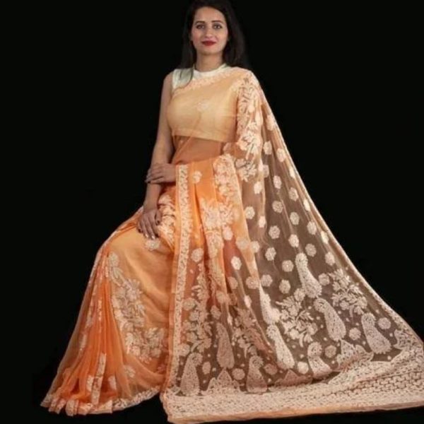 Lucknowi Chikankari Saree In Orange