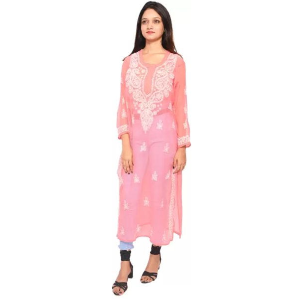 Women Chikan Embroidery Georgette Kurta Pink