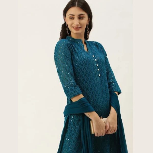 Blue Embroidered Kurta with Trousers With Dupatta