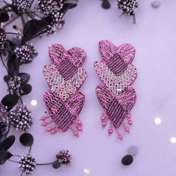 Purple Heart Triple Layers Beads Earrings