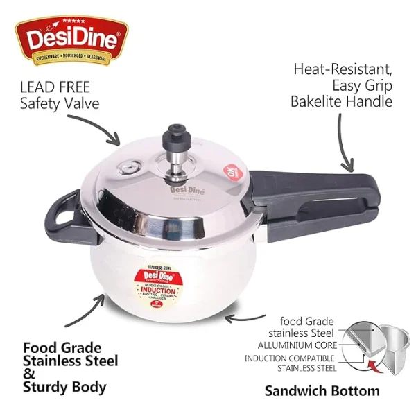 DesiDine Stainless Steel Outer Lid Induction Base Handi Pressure Cooker - Image 4