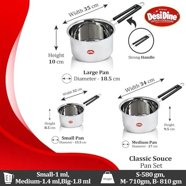 DesiDine Heavy Gauge Stainless Steel Milk Pan/Saucepan/Tea Pan Pot Set of 3/1, 1.5, 2 Liter - Image 3