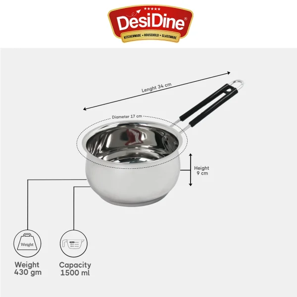 DesiDine Heavy Material Stainless Steel Belly Shape Milk Pan/Saucepan/Tea Pan - Image 3