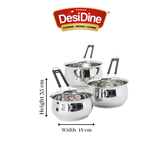 DesiDine Heavy Material Stainless Steel Belly Shape Saucepan Set of 3 - Image 5
