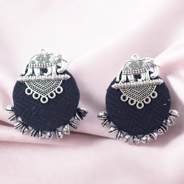 Cotton Fabric Stud Earrings With Small Silver Metalic Elephant