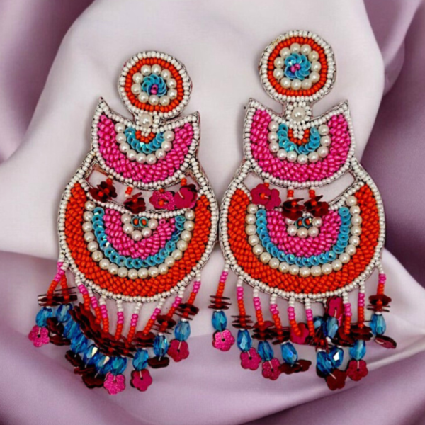 Three Layered Beads And Sequins Handmade Multicolour Earrings