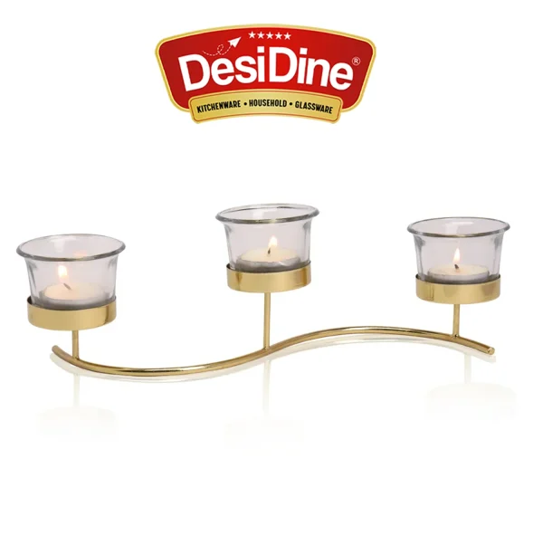 Desidine Golden Finishing Tea Light Candle Holder with 3 Glass