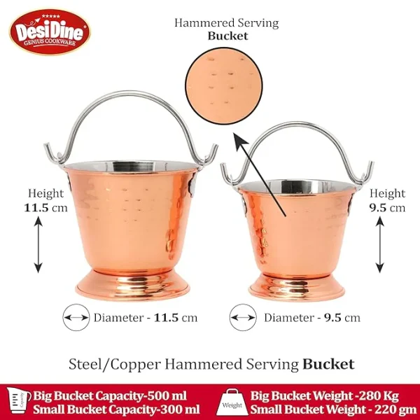 DesiDine Steel Copper Hammered Design Serving Bucket, Set of 2 - Image 4