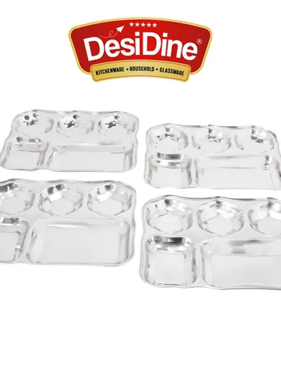 Desidine Stainless Steel 5 in 1 Flower Shape Compartment Thali – Set of 4, 6