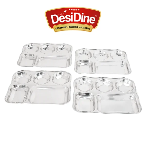 Desidine Stainless Steel 5 in 1 Flower Shape Compartment Thali – Set of 4, 6