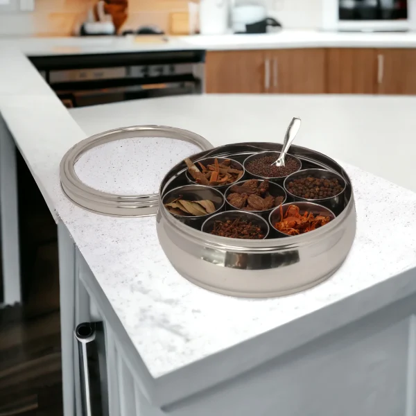Desidine Stainless Steel Belly Shape Masala Box with Lid - Image 4
