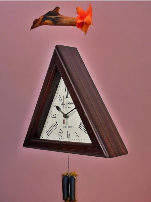 C.H Clock Handicraft Triangle Wooden Designer Big Wall Clock 12" (Brown) - Image 4