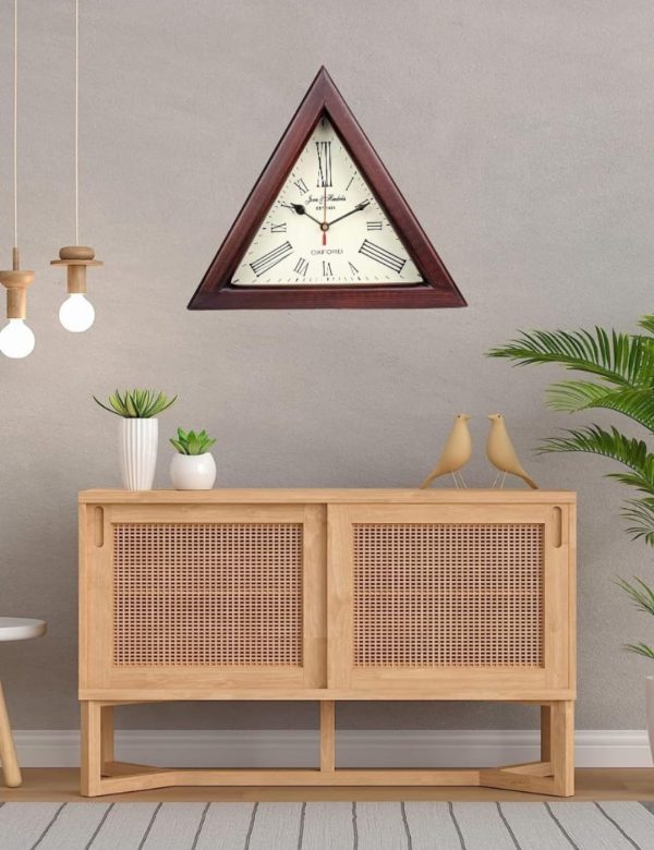 C.H Clock Handicraft Triangle Wooden Designer Big Wall Clock 12" (Brown) - Image 3