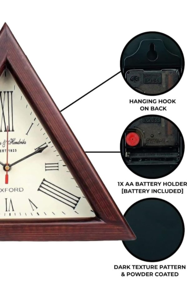 C.H Clock Handicraft Triangle Wooden Designer Big Wall Clock 12" (Brown) - Image 2