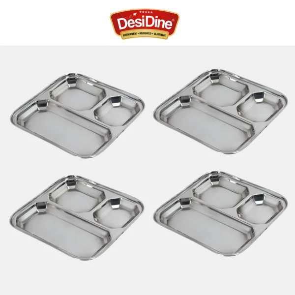 DesiDine 3 In 1 Stainless Steel Plates with Compartments Set of 6, 4 - Image 2