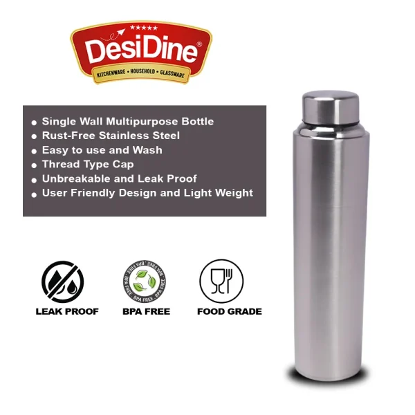 DesiDine Stainless Steel Water Bottle 900 ml/Water Bottle Silver, Pack Of 1 - Image 3