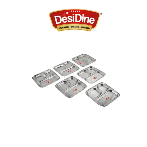 DesiDine 3 In 1 Stainless Steel Plates with Compartments Set of 6, 4
