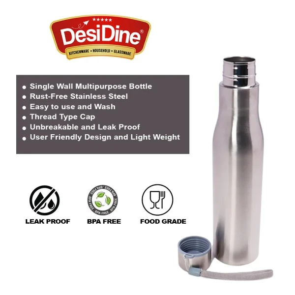 DesiDine Single Wall Multipurpose Stainless Steel Water Bottle 1 L/Water Bottle - Image 2