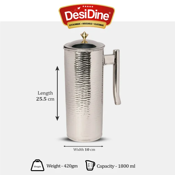Desidine Hammered Silver Stainless Steel Water Jug - Image 3